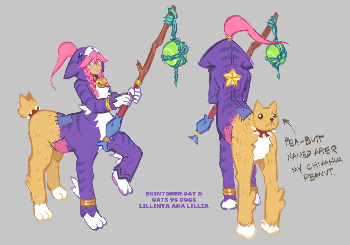 SKINTOBER DAY 2: CATS VS DOGS
I rolled Lillia!
So I present Lillinya! She was inspired by catdog, so she has a sentient chihuahua butt that is based of my chihuahua, peanut 🐶 

#skintober2023 #ArtOfLegends #LeagueOfLegends