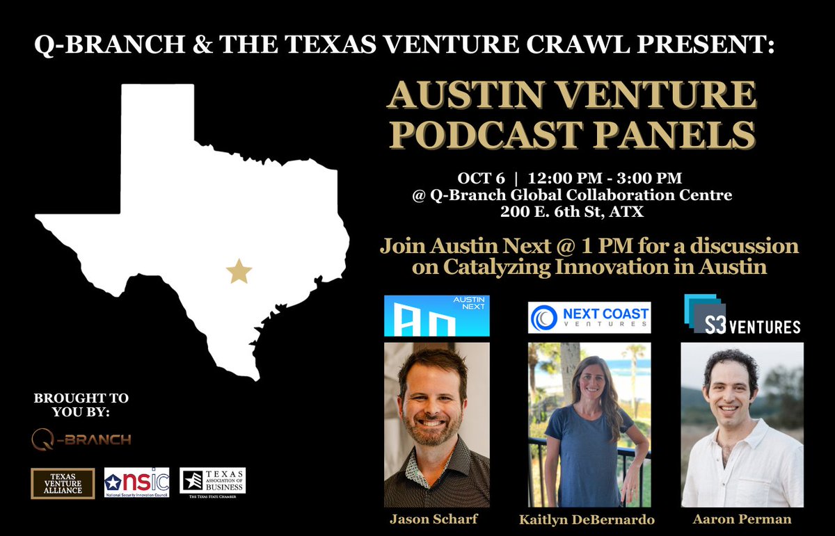 Jason Scharf (@jason_a_scharf) on Twitter photo 🎙 Come join Kaitlyn DeBernardo of <a href="/nextcoastVP/">Next Coast Ventures</a>, Aaron Perman of <a href="/S3ventures/">S3 Ventures</a>, & myself for a live #AustinNext on “Catalyzing Innovation in Austin” 1pm this Friday during the #TexasVentureCrawl. 📅
Our discussion is a part of a broader narrative unfolding throughout the day, with 🎙 Come join Kaitlyn DeBernardo of <a href="/nextcoastVP/">Next Coast Ventures</a>, Aaron Perman of <a href="/S3ventures/">S3 Ventures</a>, & myself for a live #AustinNext on “Catalyzing Innovation in Austin” 1pm this Friday during the #TexasVentureCrawl. 📅
Our discussion is a part of a broader narrative unfolding throughout the day, with