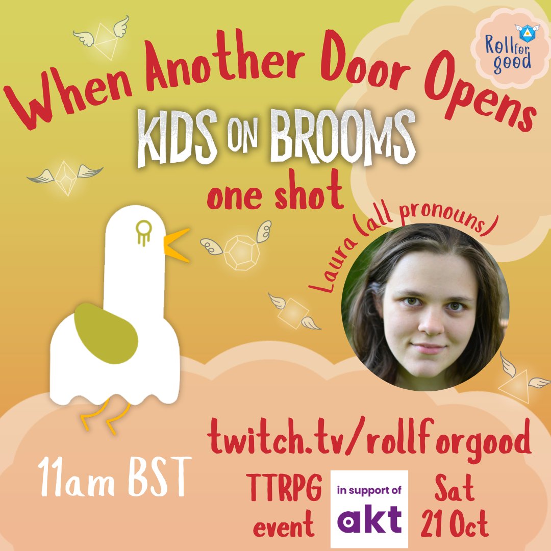 Laura (all pronouns) is taking us to a festival, marked with milestones, jovialities, tradition and... untimely death?!

We're playing #KidsOnBrooms by <a href="/Hunters_Ent/">Hunters Entertainment</a> to kick off our TTRPG Charity Stream on 21 Oct

twitch.tv/rollforgood