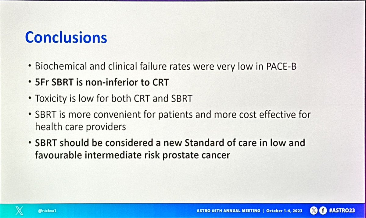 @nickva1 late breaking abstract of PACE B; conventional #radiotherapy versus SABR for #prostatecancer. Non-inferiority primary endpoint for bPFS met. 1.44% difference in 5-yr bPFS b/w arms (~95%) each. No difference in GI tox, GU 2 tox ⬆️ with SABR up to 6-9mo later #radonc #pcsm