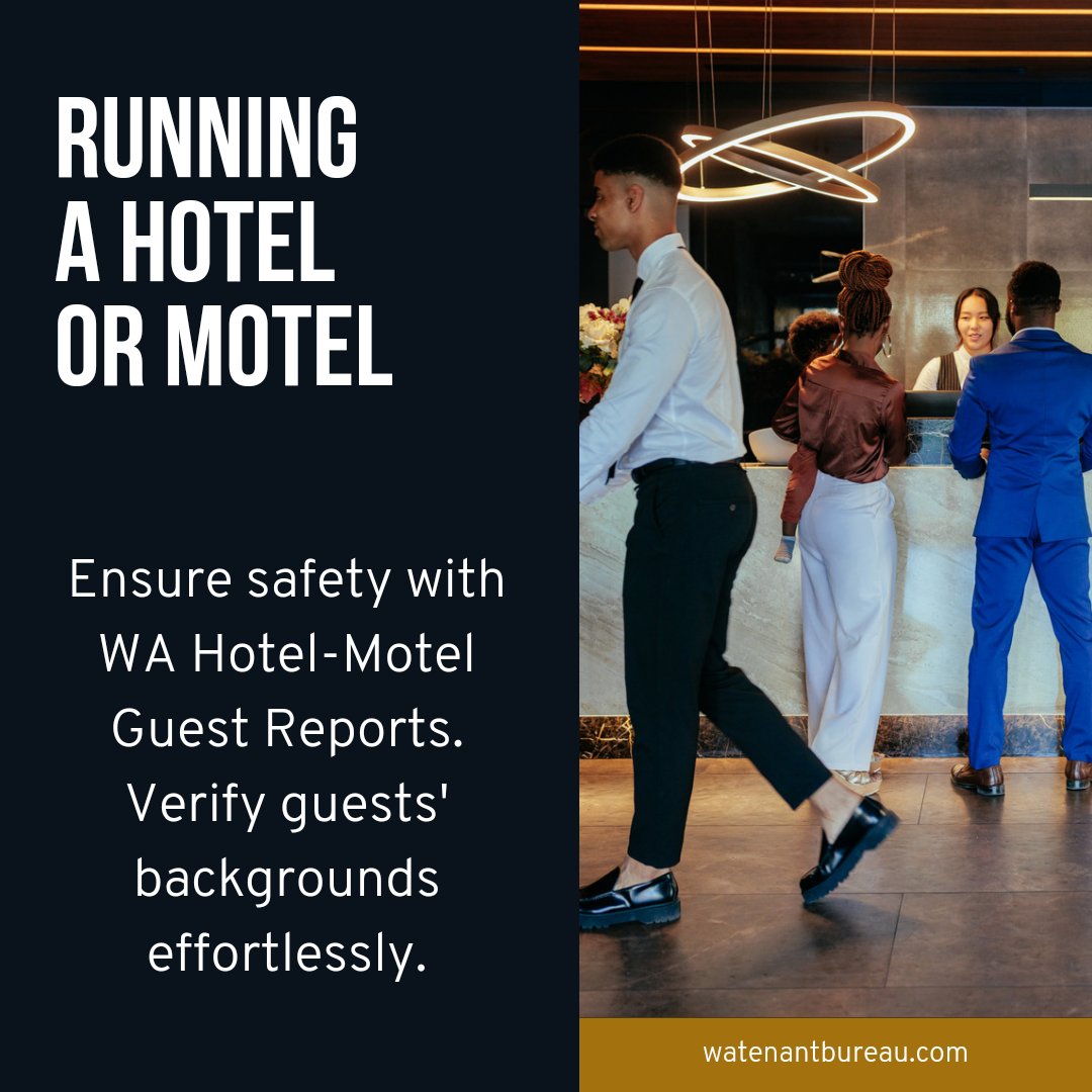 🏨 Running a hotel or motel? Ensure safety with WA Hotel-Motel Guest Reports. Verify guests' backgrounds effortlessly. 

Learn more: watenantbureau.com

 #HotelSafety #GuestVerification
#hotellife #hotelowners #hotelsecurity #hotelmotel