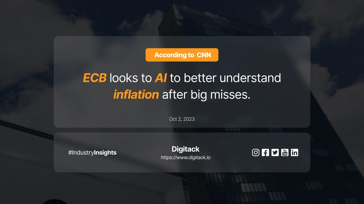 Digitack's tweet image. News Alert: The European Central Bank (ECB) is harnessing the power of AI to better comprehend inflation patterns after notable discrepancies.

Interested in AI&apos;s role in economic analysis? Stay tuned for more insights
! #StartupLife #Entrepreneurship #Bitcoin #ReelItIn #Ethereum