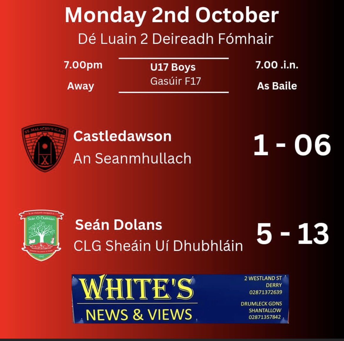 Massive well done to our u17 boys who won their game against Castledawson, seeing them progress to the semi final of the Carlin Duffy Cup 👏👏 Thank you to Whites News & Views / Deli for sponsoring the game 🔴⚪️ @castledawsongac @Doiregaa