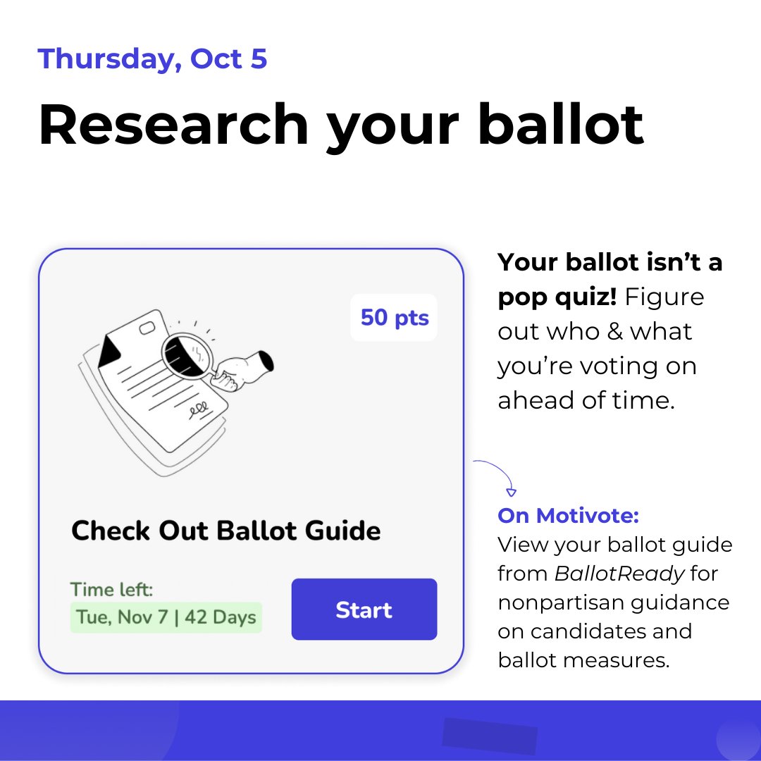 motivoteUS's tweet photo. Day 4 is about getting informed. 

Your ballot is NOT a pop quiz - there are lots of resources to help you see what is on the ballot ahead of time and think through how you want to vote 📚

Don't worry about memorizing your choices - you can bring your notes into the booth! https://t.co/JoCxLb0Ozt