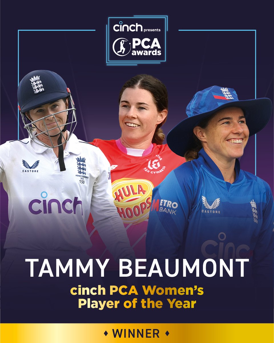 PCA's tweet photo. The first @englandcricket women's double centurion, the highest ever @thehundred score &amp; a glut of runs across all formats 🤯

The @cinchuk PCA Women's Player of the Year is @Tammy_Beaumont 🏆

A 2023 to remember, Tammy 🎉

#PCAawards https://t.co/B0vNsBfkEQ