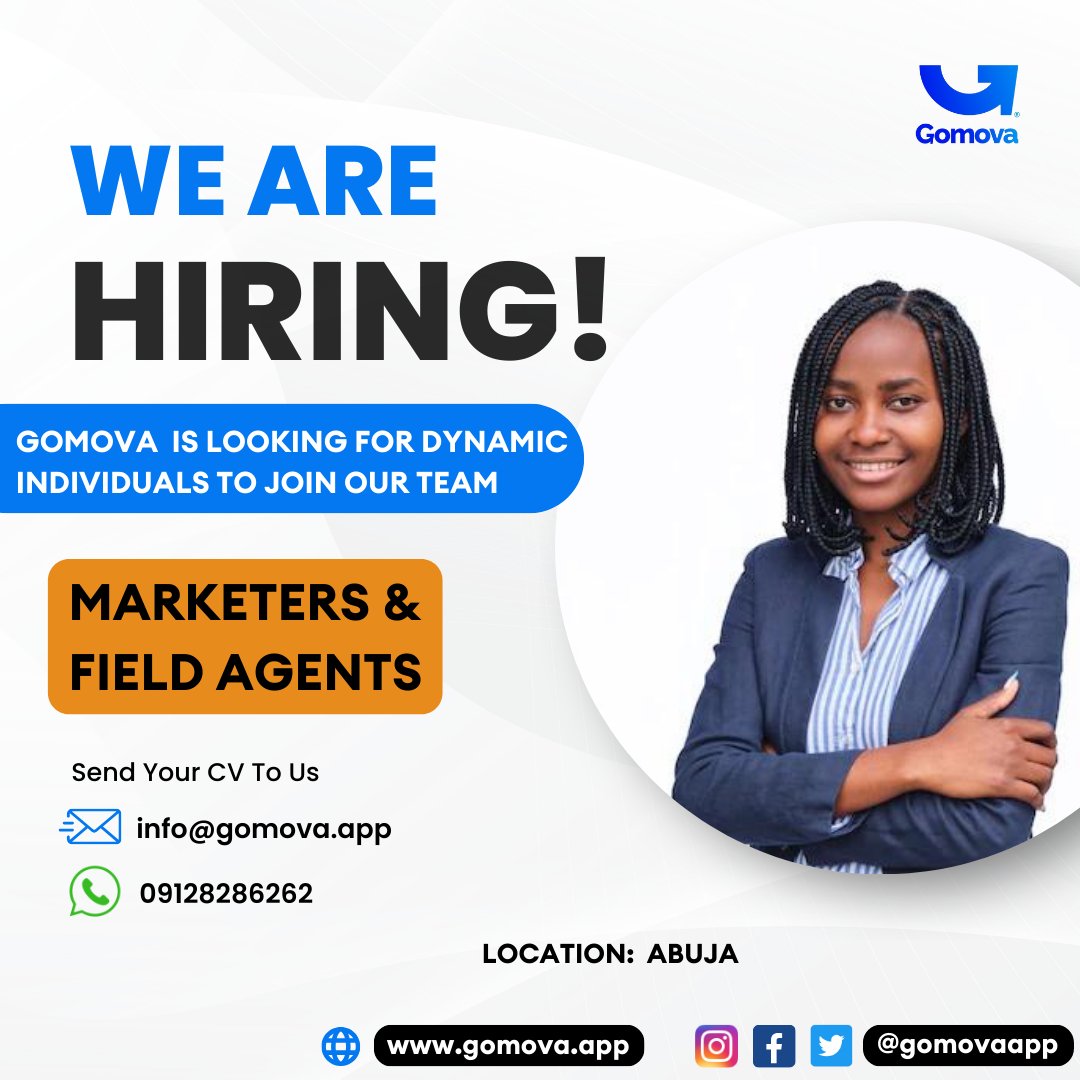 GomovaApp's tweet photo. ๐ Join the Gomova Team! ๐
Position: Marketers and Field Agents
Gomova is seeking dynamic individuals to join our team and revolutionize the way we move and deliver.
_
#Gomova #Hiring #Marketers #percy #tiktok #Delivery #Logistics #AbujaTwitterCommunity https://t.co/w46uPr3I9M