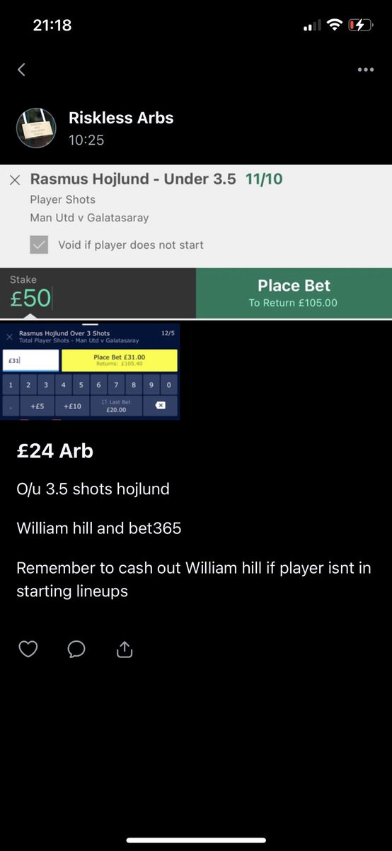 RisklessArbs's tweet photo. Hi all
We are still here!
Just been focusing all our time into our paid service. Which is up over £2000 profit since BPL GW1!
Here is one posted today! £24 profit 
#arb #arbitrage #riskless #bets #profit https://t.co/nNPZSZcMUb