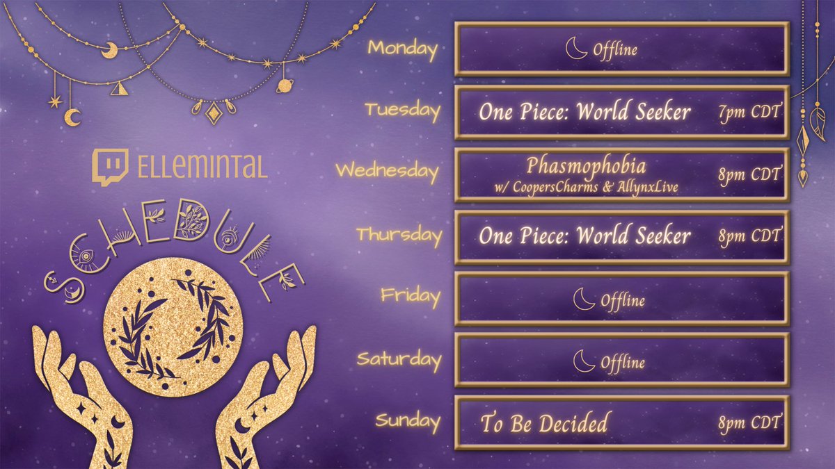 10/02-10/08 schedule we have more One Piece as well as playing some Phasmo with the lovely <a href="/CoopersCharms/">Cooper's Charms</a> and my awesome sister @allyallynx!