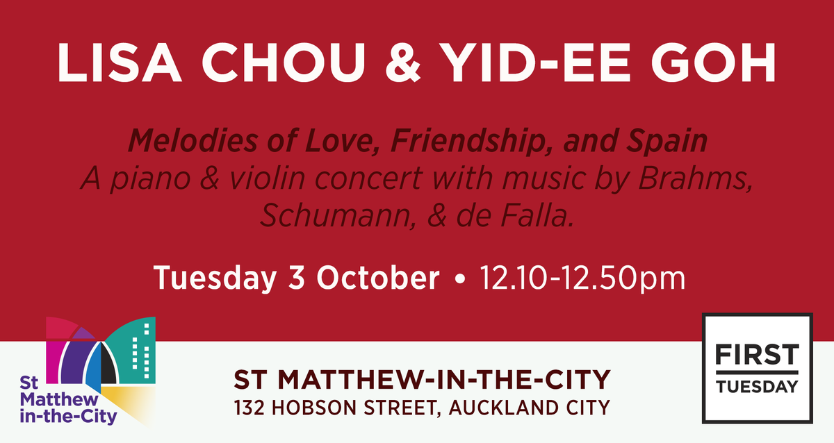 Come along and enjoy our First Tuesday lunchtime concert today, 12.10-12.50pm. We're looking forward to Lisa Chou (piano) and Yid-ee Goh (violin) performing "Melodies of Love, Friendship &amp; Spain" - featuring music by Brahms, Schumann and de Falla.