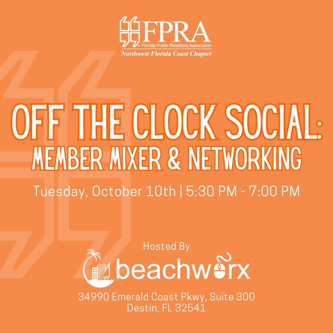 Join us next Tuesday at Beachworx for our FREE member mixer and first networking event of the year! Meet other PR and marketing gurus in the area and learn all about how FPRA can benefit your professional growth.

Register for free here 👉  octobermembermixer2023.eventbrite.com
