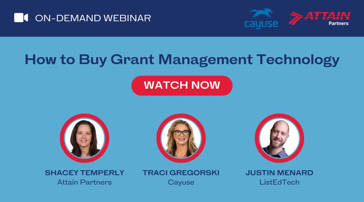 AttainLLC's tweet image. In case you missed our recent webinar, “How to Buy Grant Management Technology,” with @CayuseLLC, the session is now available on demand. 

Watch here: bit.ly/45ePjOz 

#OnDemand #GrantsManagement #ResearchAdministration #HigherEducation