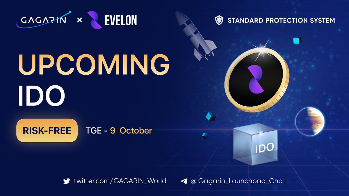 GAGARIN_World's tweet photo. ⚡️Gagarin is proud to announce a new #partnership and the @EvelonApp risk-free #IDO 

🌐 Evelon is a no code platform that allows you to create and deploy dynamic #NFTs with ease. This project is a game changer in the world of NFTs and image generation. #Evelon uses #AI to generate high-quality images, making it possible to create NFTs with unique visuals that are both dynamic and engaging.

📆 IDO Schedule
▫️ Whitelist stage: 03 October, 7:00 UTC - 04 October, 17:00 UTC 
▫️ Round 1: 05 October, 07:00 UTC - 05 October, 19:00 UTC
▫️ Round 2: 05 October, 19:00 UTC - 08 October, 7:00 UTC
▫️ Claim/TGE/Listing: 09 October

🚀 Join risk-free IDO on Gagarin #Launchpad 
https://t.co/m1rJKLk2ID