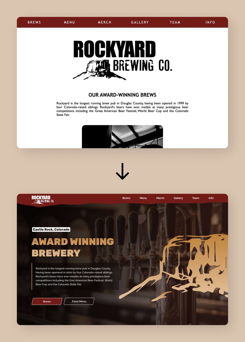 cccreative_ui's tweet photo. Launching our Website Facelift series where we sprinkle some UI magic on random websites that we find on the internet! ✨

First up: @rockyardbrewing , a Colorado Craft Brewery based out of the town of Castle Rock.🍺 We've taken their existing look and dialed it up to 11.

What do you think? Any suggestions for our next revamp? Drop them below! ⤵️