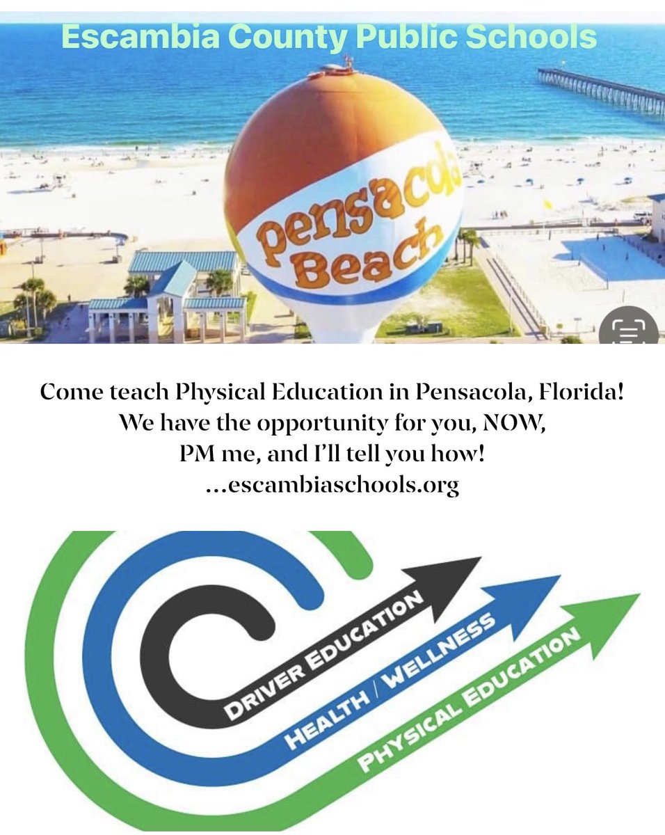 Come teach Physical Education in Pensacola, Florida!  Openings in elementary and middle school 👍