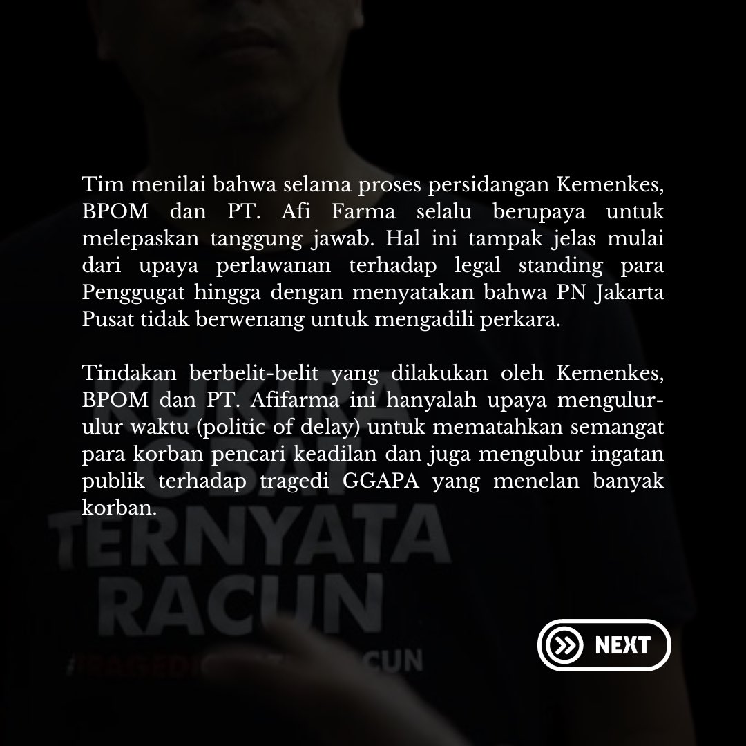 Update kasus obat beracun. Hakim memutus bahwa PN Jakpus berwenang mengadili gugatan warga negara (class action) yang diajukan oleh para korban obat sirup yang mengadung EG dan DEG. 

Pada sidang sebelumnya, <a href="/KemenkesRI/">Kementerian Kesehatan RI</a> <a href="/BPOM_RI/">Badan Pengawas Obat dan Makanan Republik Indonesia</a> dan PT Afi Farma kompak melawan para korban ini
