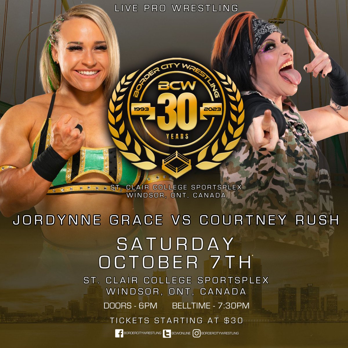 Match Announcement Monday! Saturday at The @stclaircollege SportsPlex - 2 of @IMPACTWRESTLING's most prolific Knockouts face off - @JordynneGrace vs. Courtney Rush @Rushlemania Don't miss BCW's Historic 30th Anniversary! TICKETS - BCW30.eventbrite.ca