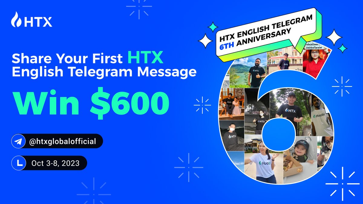 HTXCommunity's tweet photo. 🥳#HTX English Telegram 6th Anniversary 
$600 #Giveaway💸

🌐 Follow @HTXCommunity @HTX_Global 

💕 RT + like + tag 2

😍 Invite friends to join Telegram https://t.co/5n3TaqJXgh

💬 Show your first HTX English Telegram Message at https://t.co/5n3TaqJXgh with #Anniversary 

Get started: https://t.co/LqrwSpZByS