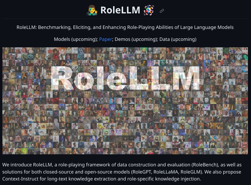 RoleLLM: Benchmarking, Eliciting, and Enhancing Role-Playing Abilities of Large Language Models

Presents a role-playing framework of data construction and evaluation

abs: arxiv.org/abs/2310.00746
repo: github.com/InteractiveNLP…