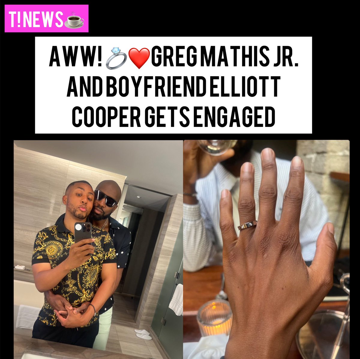 T_NewsBlog's tweet photo. #JudgeGregMathis’s son and Advocate #GregMathisJr and Longtime Boyfriend #ElliottCooper are now engaged after the couple made the announcement on social media on Saturday. Congrats to the lovely couple! ❤️💍👬🏾 https://t.co/0H7mDwCUqn