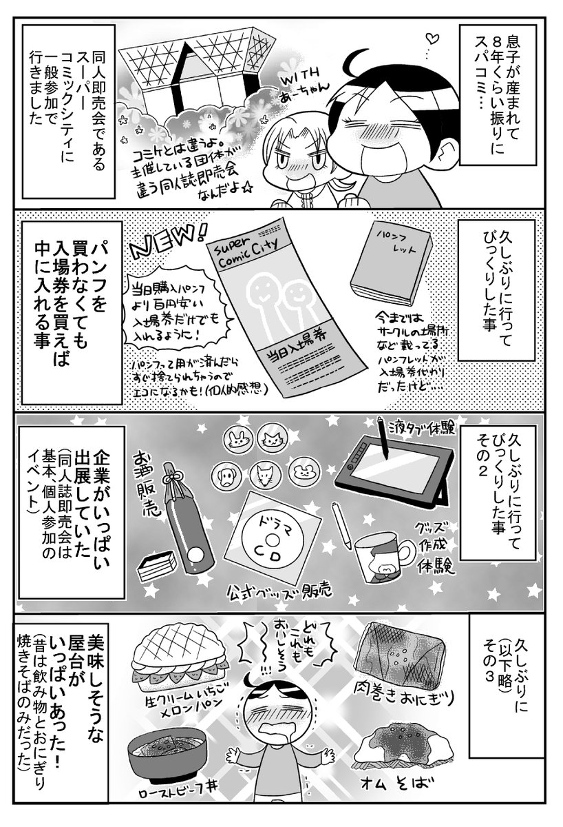 今日の「あの頃のヲタ活漫画」はお休みです。 代わりに2017年、出産後8年ぶりにスパコミに行ってビックリしまくった話です。 フードがいっぱいある～～～!(晴海でひもじい思いをしたことがある)