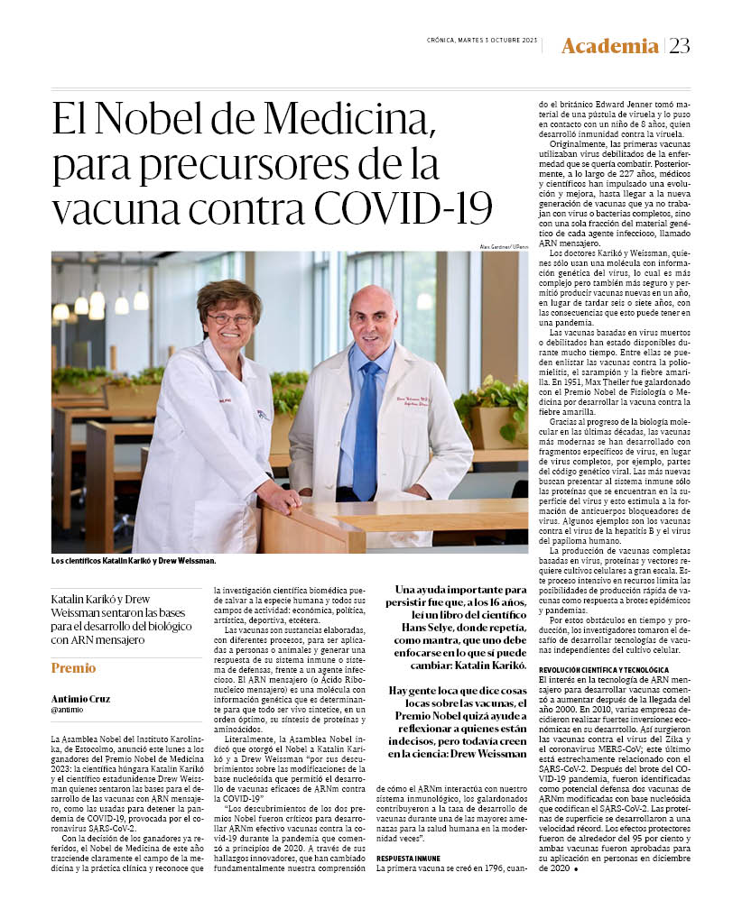 Hace diez años, a ella le pidieron entregar su laboratorio por falta de resultados; durante 20 años no lograban entender en su totalidad cómo actuaba el ARNm. Gracias a ellos se salvaron millones de vidas. Hoy ganaron el Nobel de Medicina 2023. 
cronica.com.mx/academia/nobel…