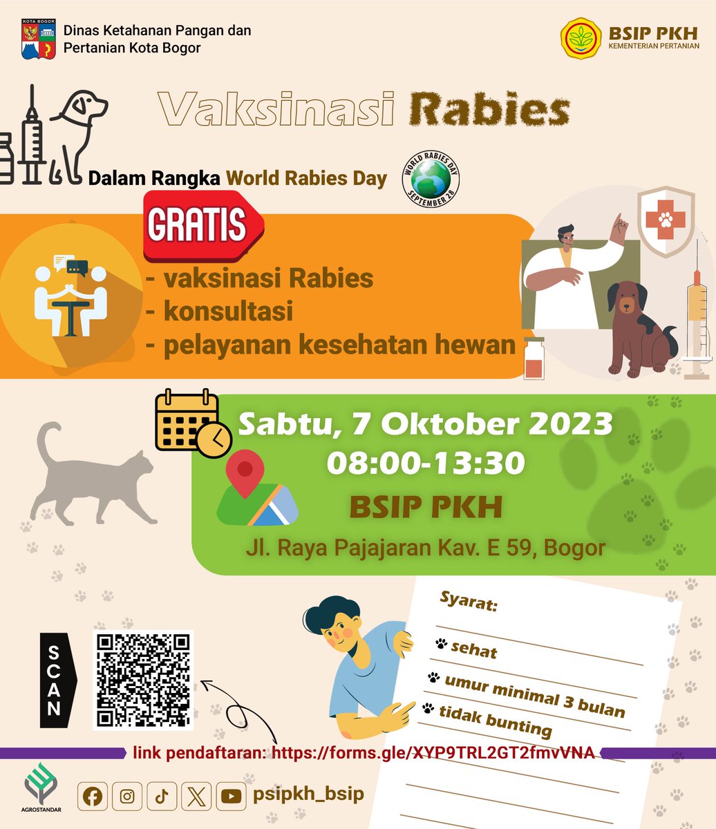 Halo SobaTani..

Dalam rangka memperingati hari rabies sedunia, BSIP PKH mengadakan vaksinasi rabies gratis bagi hewan peliharaan SobaTani semua loh! 

Daftar sekarang ya SobaTani! 

#worldrabiesday 
#harirabiessedunia 
#rabies 
#bsippkh
#bsipkementan