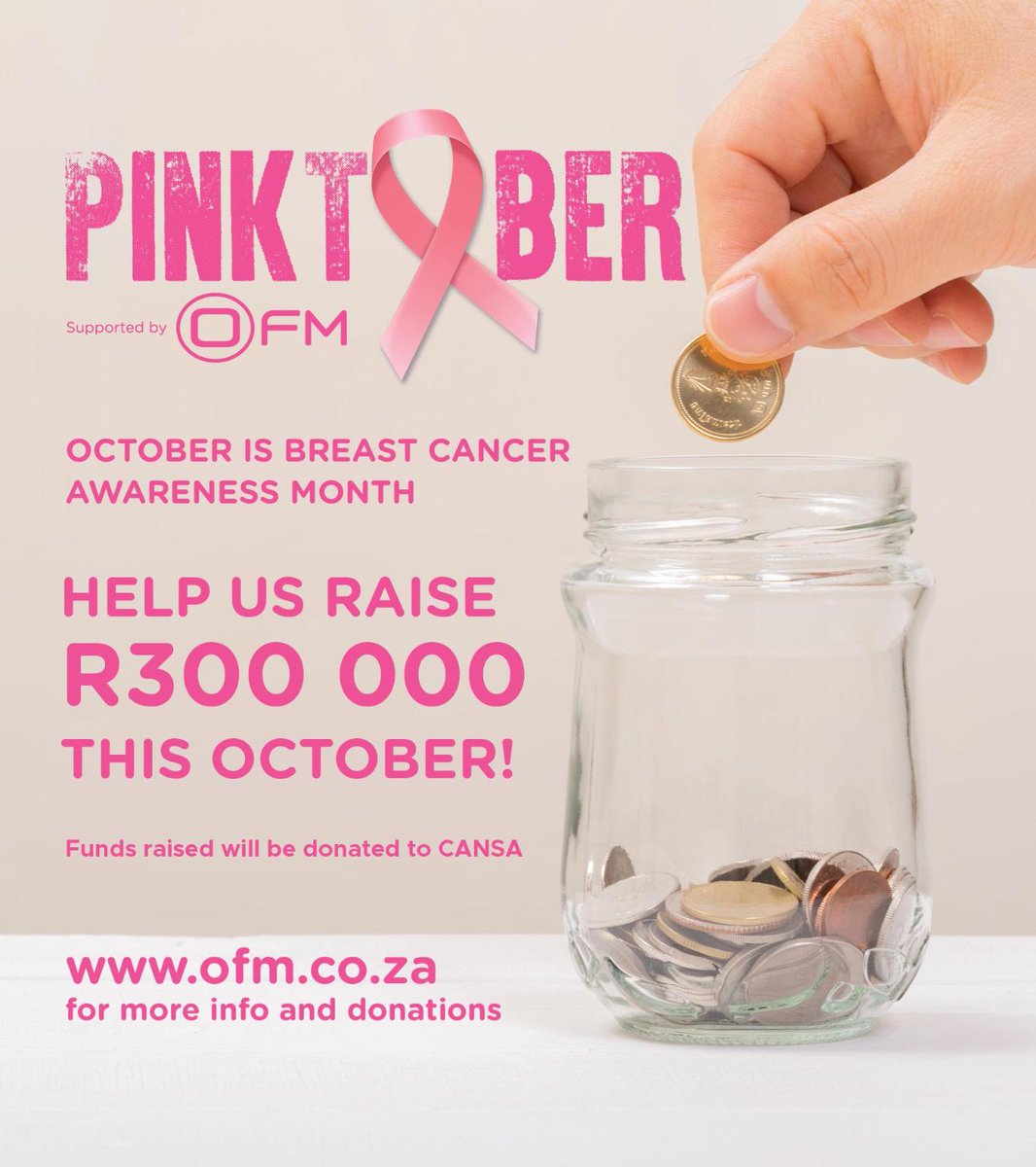 OFMNuus's tweet photo. 4 October is a #PinkPledge Wednesday on OFM! Join our #Pinktober campaign to raise R300 000 for the cancer association Telegram “PinkPledge” to 084 222 9497 and follow the instructions. Together we CAN make a difference this breast cancer awareness month. https://t.co/jGbTffQal1. https://t.co/gBKPqO0gQs