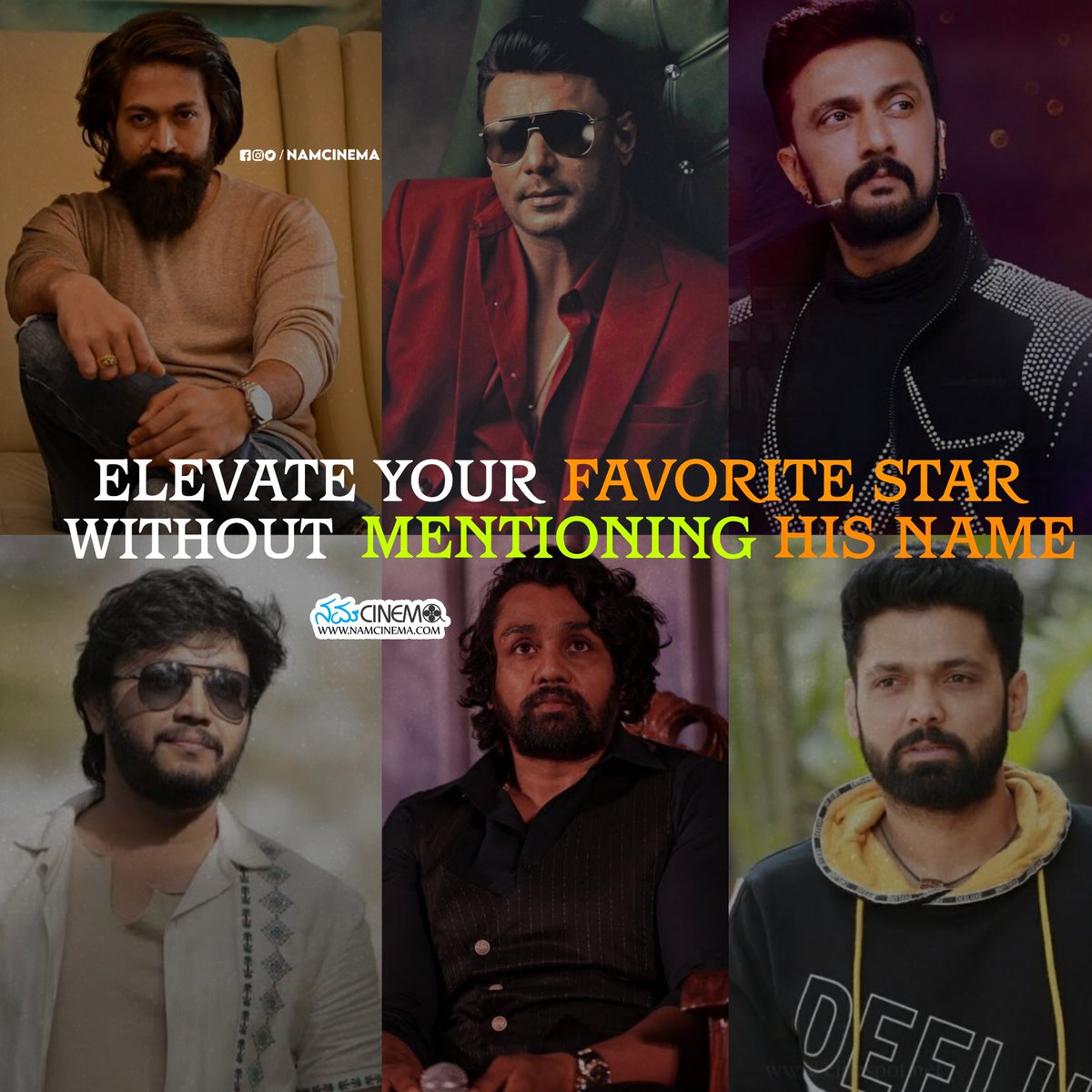 NamCinema's tweet photo. ನಿಮ್ಮ favourite ಹೀರೋನ ಹೆಸರು ಹೇಳದೇ ಬಿಲ್ಡ್ ಅಪ್ ಕೊಟ್ಟು ಸಂಭೋದಿಸಿ 😎🥳

#NamCinema #yash #rockybhai #darshanthoogudeepasrinivas #dboss #kichchasudeep #kicchasudeep #ganesh #dhruvasarja #rakshitshetty https://t.co/MHES9rbkRz