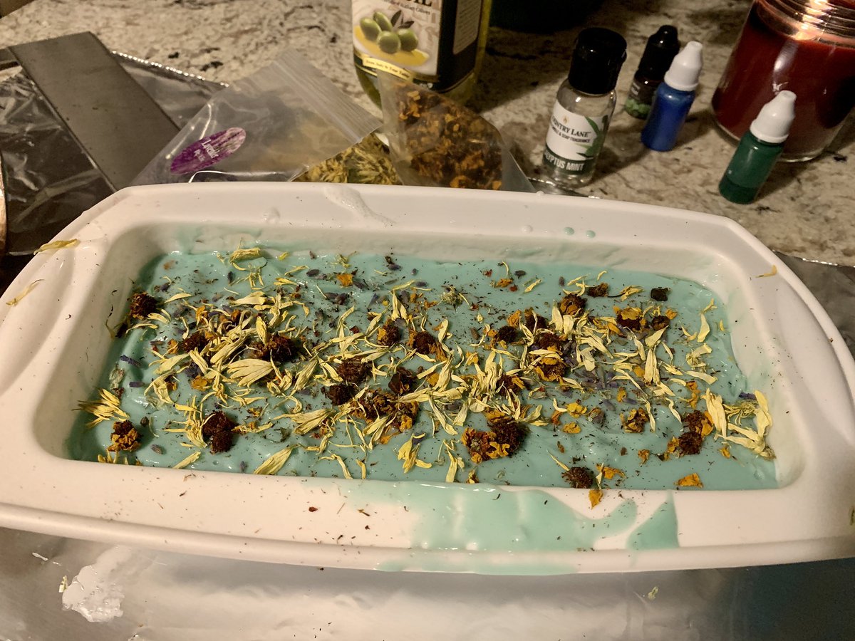 I tried…goats milk soap❤️
Eucalyptus Mint but I couldn’t get the color right to save my life …
The goal is two loaves a week …cold pressed oil based is next …the goal is to use my roses and herbs as tinctures 🌿
#soap #coldpressed #soapmaking #herbs #tinctures #homestead