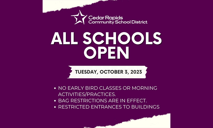 All classes will resume on Tuesday, October 3, 2023. However, there will be no early bird classes or practices tomorrow morning before school starts. crschools.us/2023/10/classe…