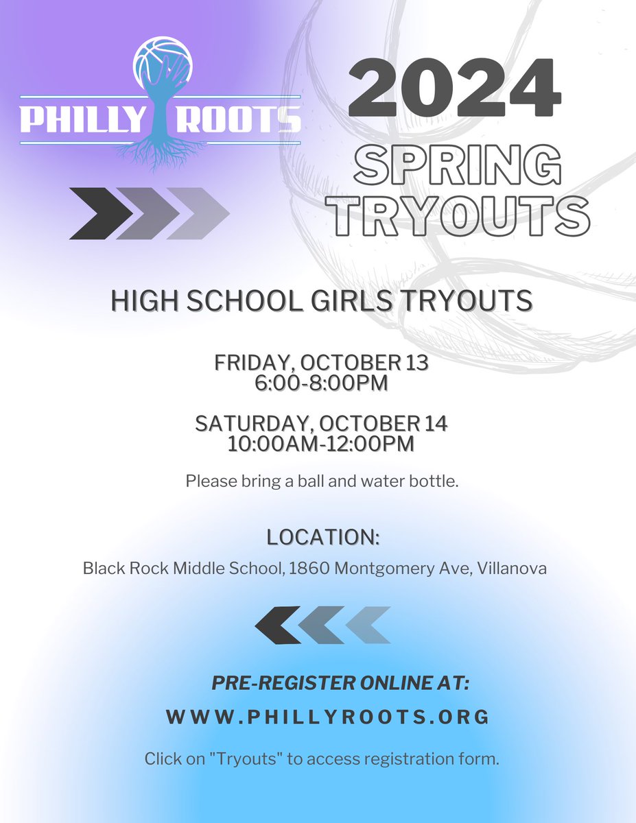 thephillyroots's tweet photo. Announcing Spring 2024 High School AAU Tryouts! Register now! #phillyroots #phillyrootsbasketball #putdownroots #aaubasketballπ #girlsbasketballπ https://t.co/9Jf5bVuYpB https://t.co/fwO8SK7WPd