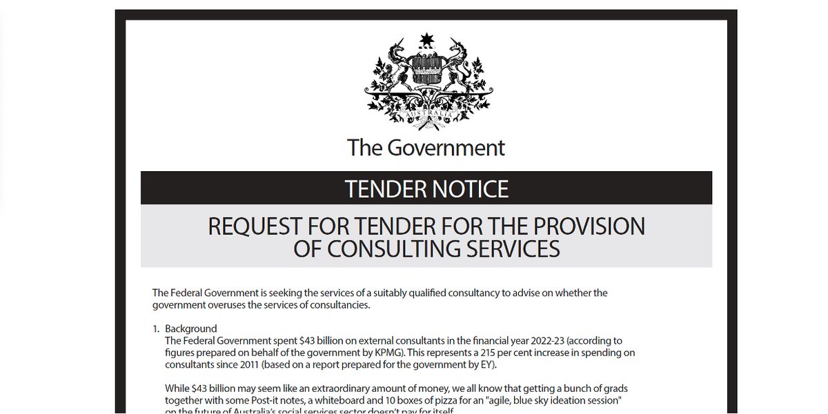 The Government is seeking the services of a suitably qualified consultancy to advise on whether the government overuses the services of consultancies.

Please read & share this important tender notice, prepared by Wankernomics for the AFRs Power issue. 

afr.com/companies/prof…