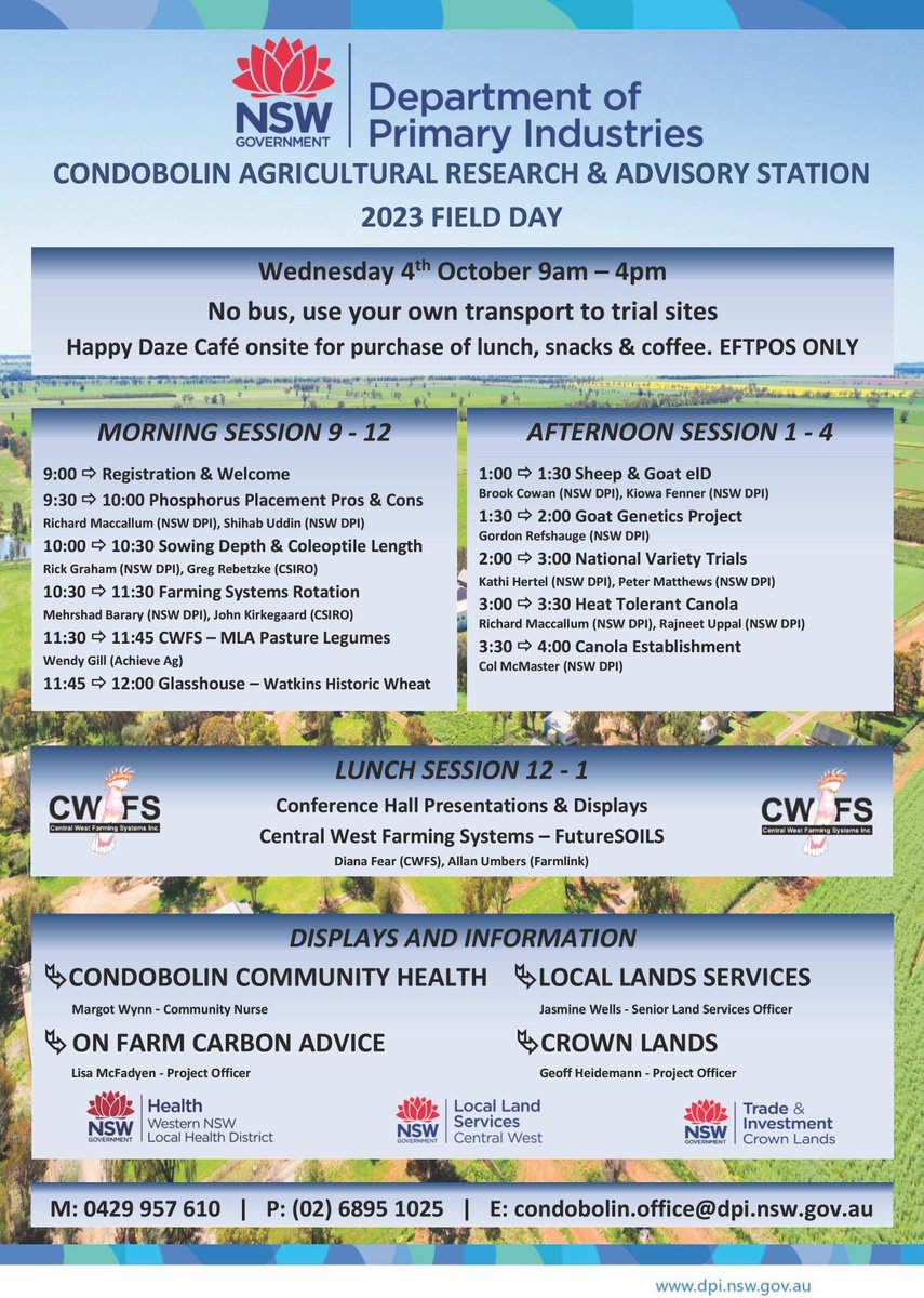 Farm_Link's tweet image. Don&apos;t miss the GRDC CSIRO DPI Farming Systems field days this October and see what crop sequences are performing well in your region      

Condobolin 4th Oct, Greenethorpe 12th Oct, Wagga 17th Oct, Urana 18th Oct

Details in pics

@NSWDPI_AGRONOMY @theGRDC @CSIRO @GRDCNorth…