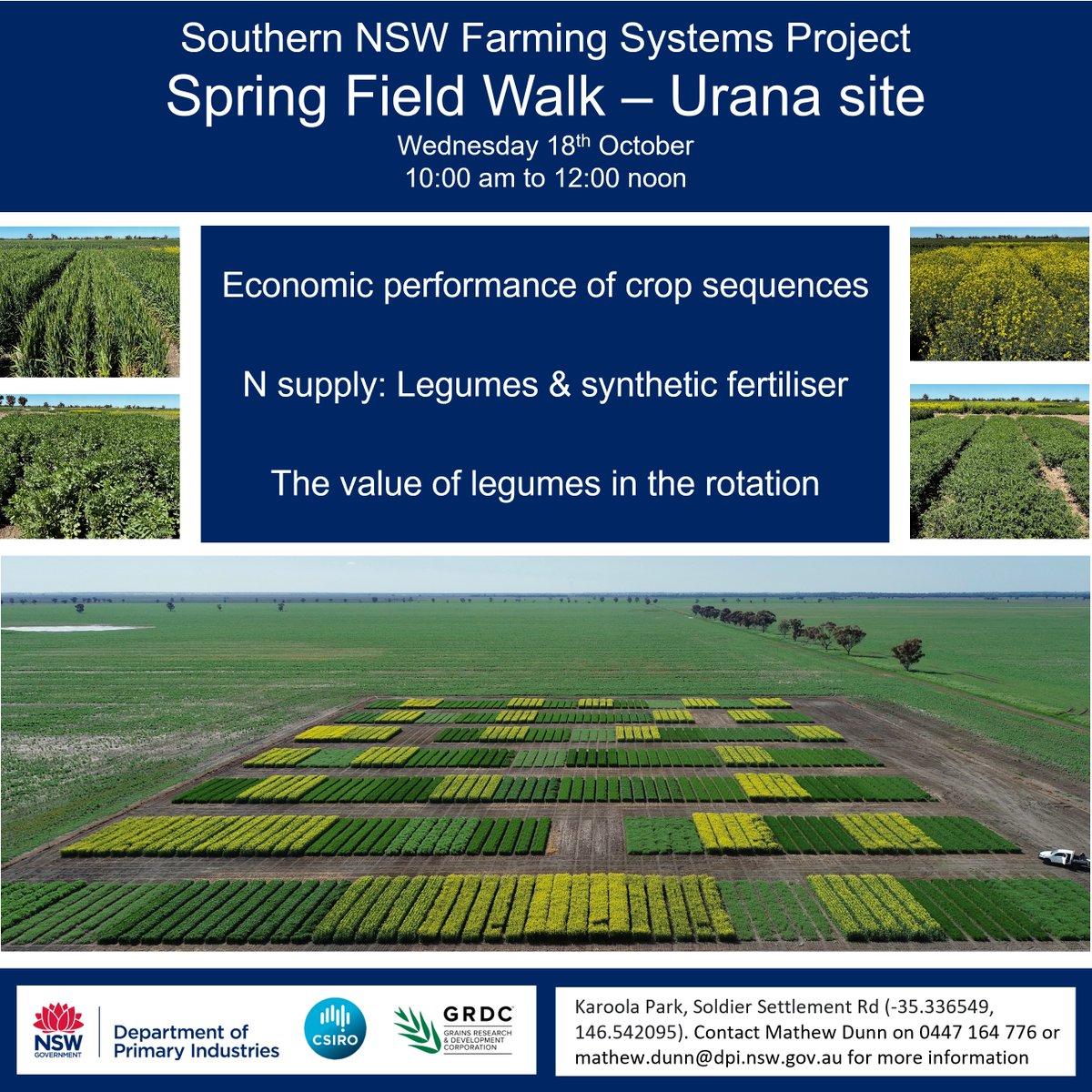 Farm_Link's tweet image. Don&apos;t miss the GRDC CSIRO DPI Farming Systems field days this October and see what crop sequences are performing well in your region      

Condobolin 4th Oct, Greenethorpe 12th Oct, Wagga 17th Oct, Urana 18th Oct

Details in pics

@NSWDPI_AGRONOMY @theGRDC @CSIRO @GRDCNorth…