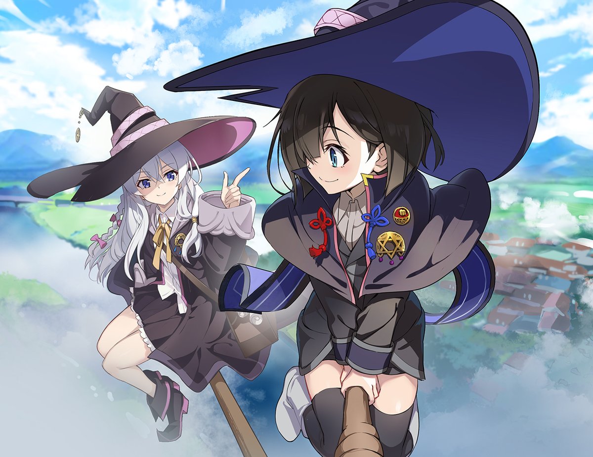 elaina (majo no tabitabi) multiple girls hat 2girls broom riding broom witch hat blue eyes  illustration images