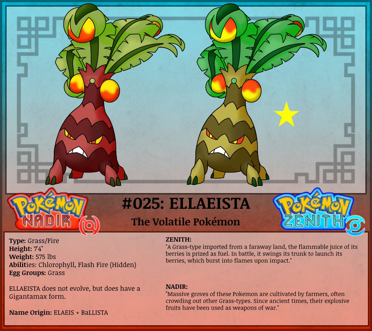 silver_skarmory's tweet photo. Brought to Sundo from a distant land, the vicious Ellaeista is prone to starting fires by flinging its combustible berries. Ironically, these very berries are prized as a fuel source!
Part of my #fakemon dex for my fanmade #Pokemon generation, the Sundo Region!
#Fakemonday https://t.co/q81Ujg9rkF