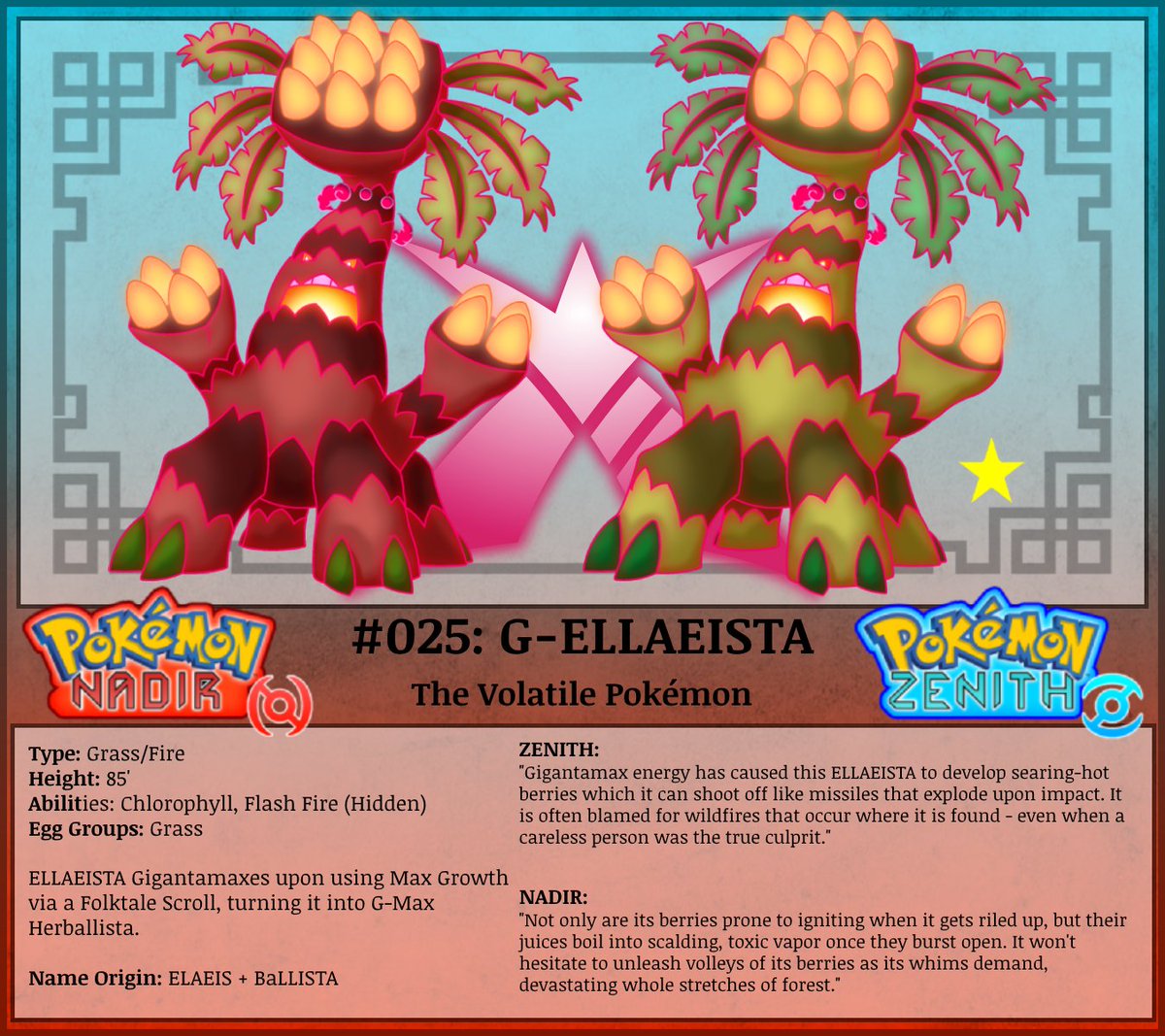 silver_skarmory's tweet photo. Brought to Sundo from a distant land, the vicious Ellaeista is prone to starting fires by flinging its combustible berries. Ironically, these very berries are prized as a fuel source!
Part of my #fakemon dex for my fanmade #Pokemon generation, the Sundo Region!
#Fakemonday https://t.co/q81Ujg9rkF