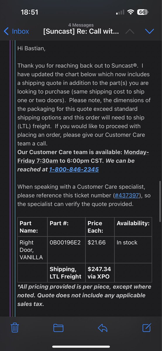 BTenbergen's tweet photo. @SuncastCorp is funny. The flimsy door hinges on their shed BMZ4700 broke. Faulty design? Expected wear? IdK. #Customerservice quoted me $22 for the door… and $247 for shipping 😂🤣😂
After explaining how that’s excessive, “management” offered a 10% discount… on the door. #fail https://t.co/UzlYfB6ZK7