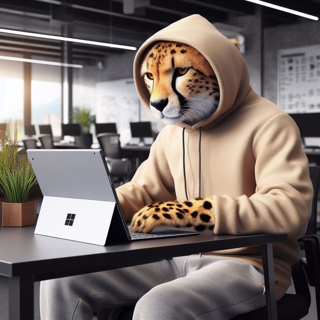 AIAnthro's tweet photo. A cheetah wearing a hoodie and sweatpants using a Microsoft Surface laptop while in a Microsoft office, realistic
#AIart #BingAI #furry #Anthro #ai https://t.co/fYHE5D2idl