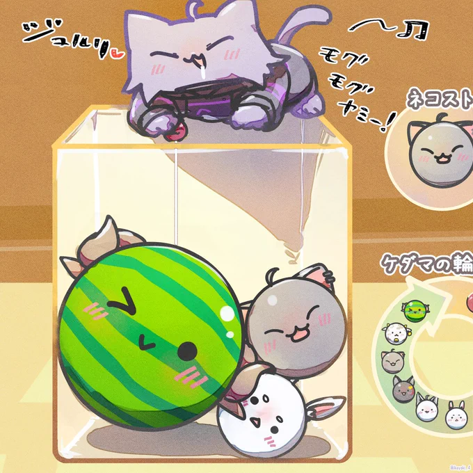 ダブルわためろんを狙う毛玉おかゆん🍉🐈🍉 #絵かゆ