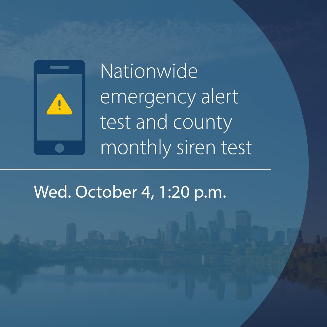 Hennepin County will sound sirens in conjunction with the Nationwide test on Wednesday at 1:20pm. The Nationwide test will include Wireless Emergency Alerts on smartphones and the Emergency Alert System will be activated on all broadcast stations. #mnwx