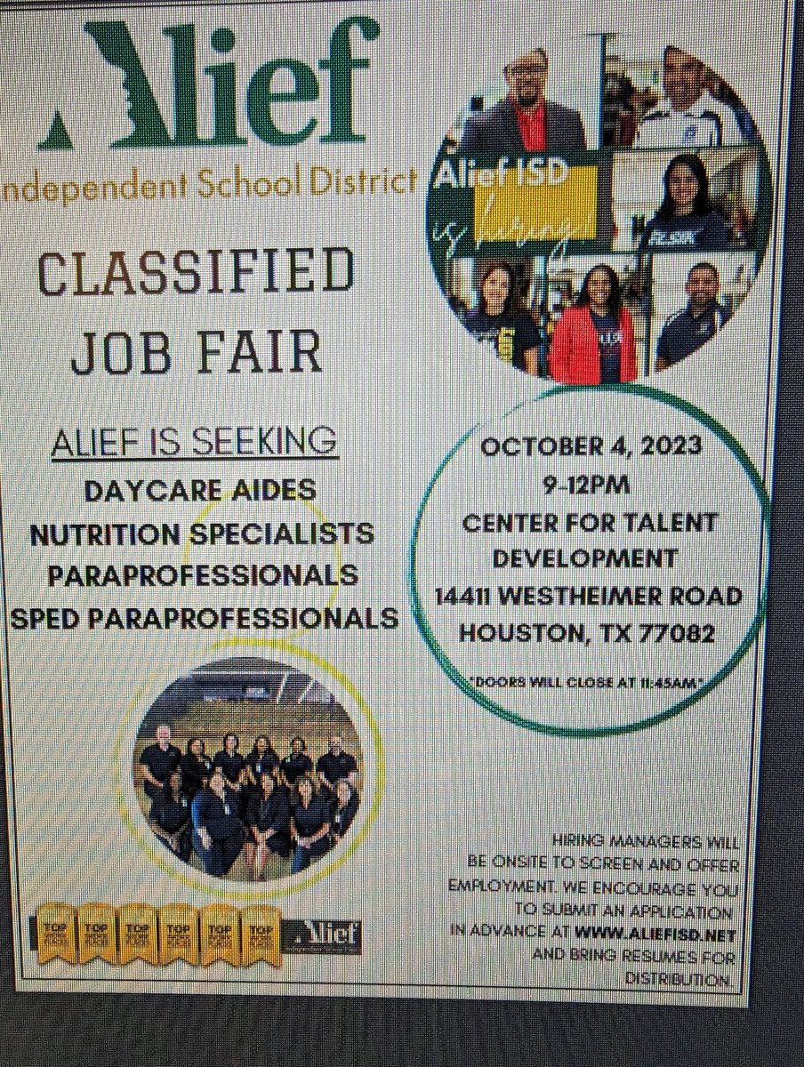 a_admad1's tweet photo. Alief ISD Classified Job Fair 
Wednesday, October 4th 9am -12pm https://t.co/JTs6sr7spB