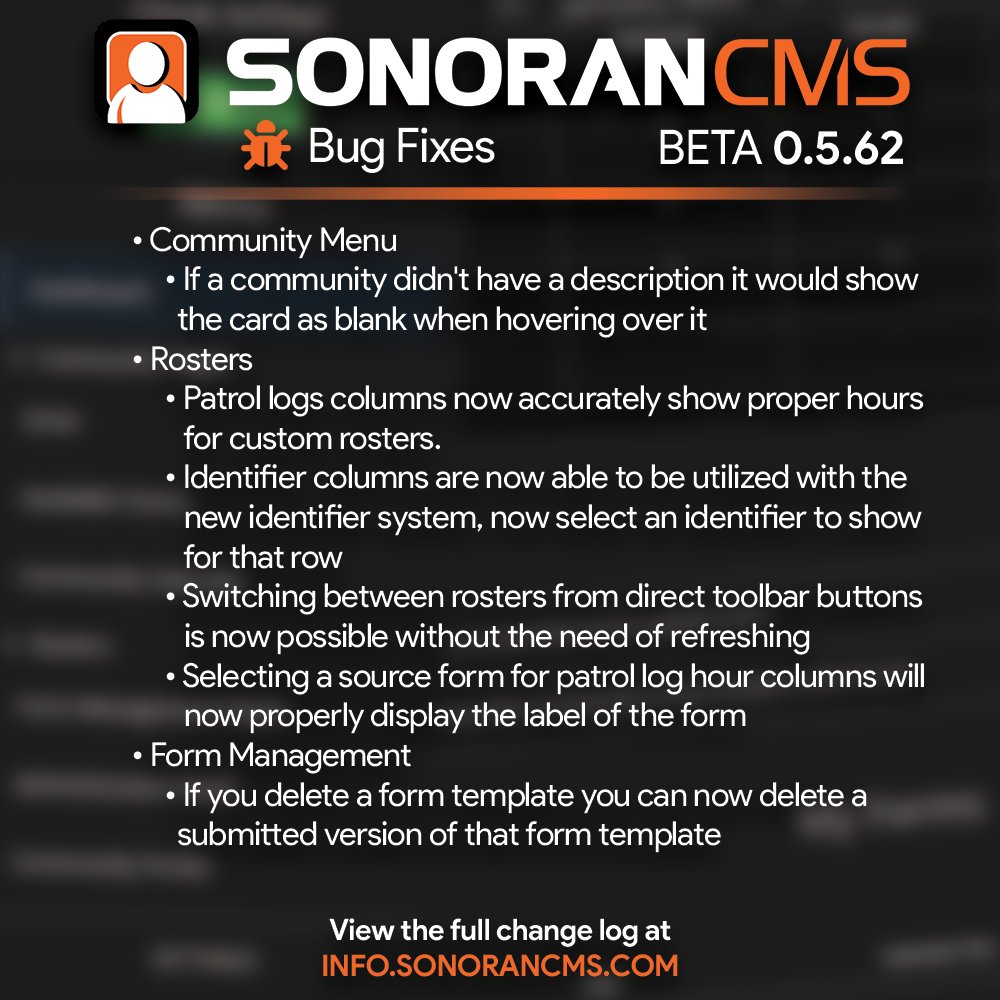 SonoranCMS Update #0562 is now out! More info at info.sonorancms.com