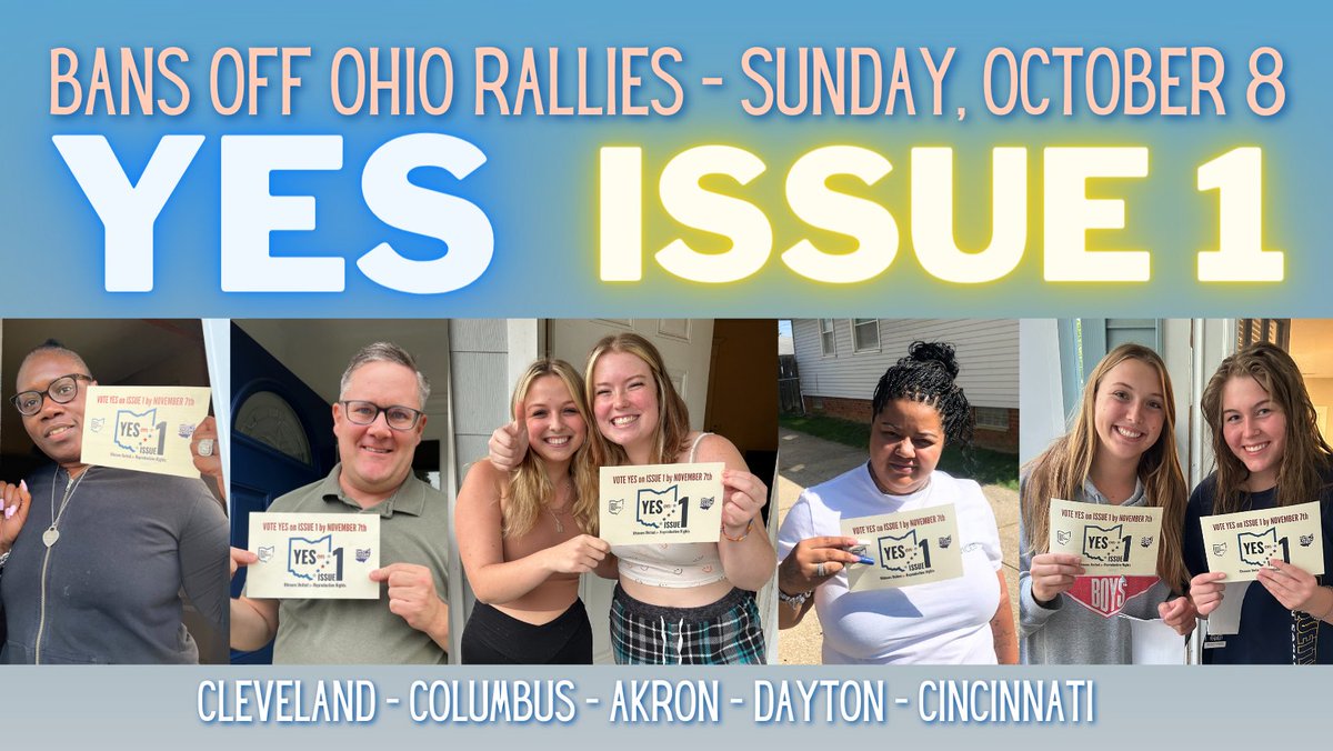 You're invited, Ohio! 📣 
This Sunday, October 8 we're taking to the streets with <a href="/OURR2023/">Ohioans United for Reproductive Rights</a>. By speaking out, we can ensure future generations will not have fewer rights than we did.
Find a rally near you: bit.ly/bansoffohdoa 
#VoteYESonIssue1 #ourrohio #ohpol