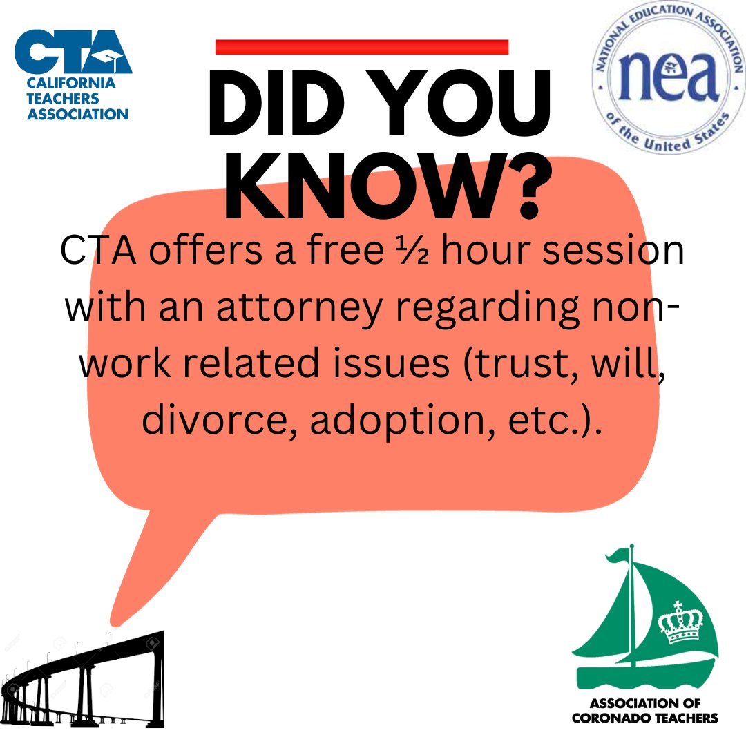 nadoACT's tweet photo. Member Monday! CTA offers members a free ½ hour session with an attorney regarding non-work related issues (trust, will, divorce, adoption, etc.). Be sure to sign into CTA member benefits to learn more! Email coronadoteachers@gmail.com with any questions!
#WeAreACT #WeAreCTA https://t.co/TZU1sQQj1d