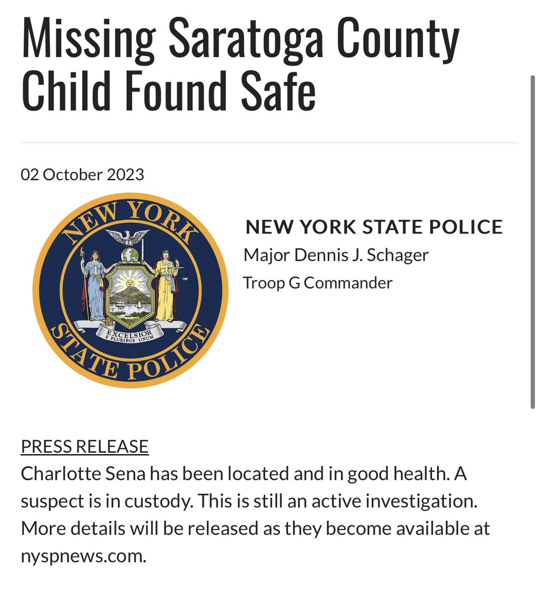 Charlotte Sena found alive and in good health NYSP confirming minutes ago. More TK on timesunion.com