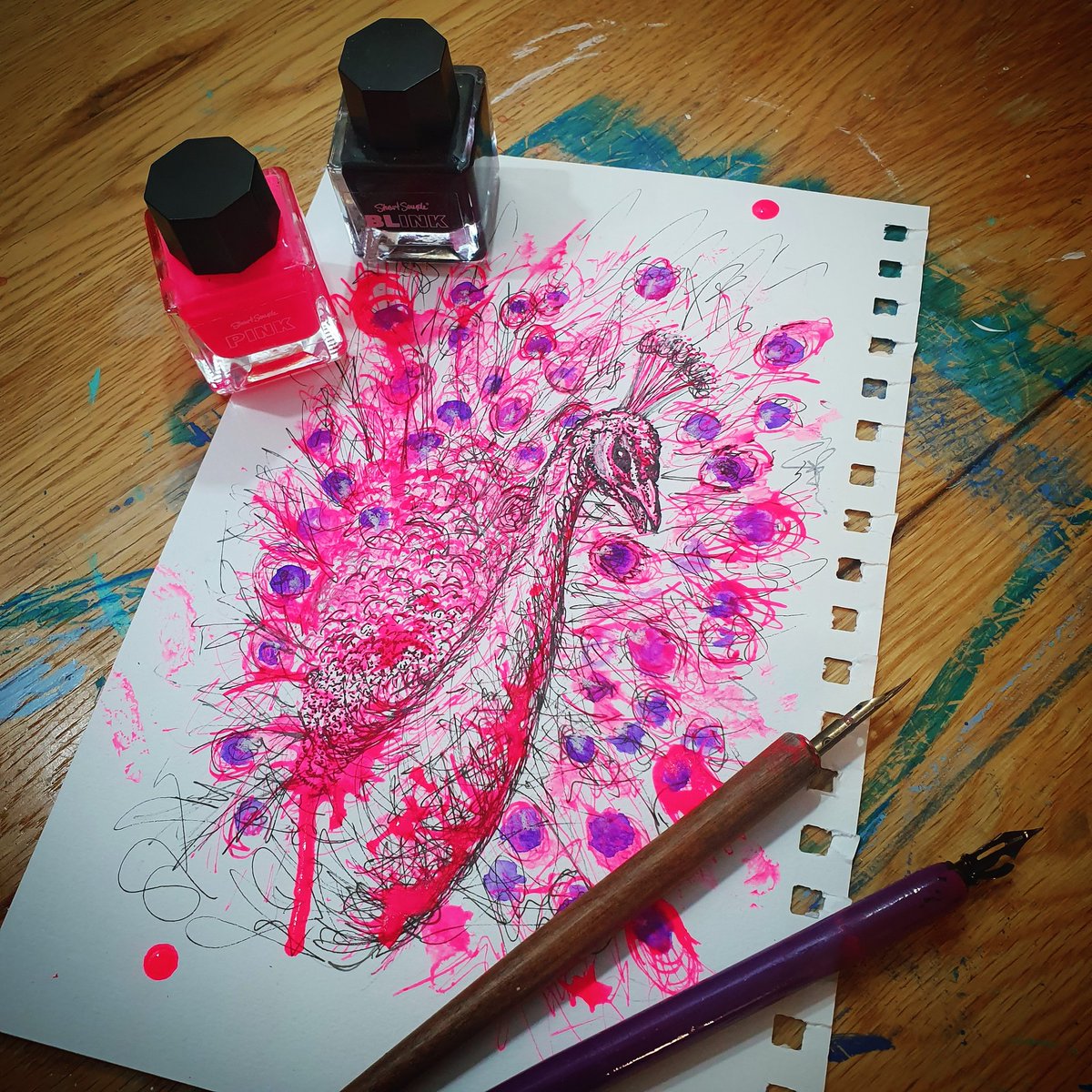 #PinktoberDay2. Because who is together enough to start on day 1?
For the prompt #Therapy.
With #StuartSemple's #pink #pinkestpink
#ink &amp; #blink #blackestblack. 
#Pinktober #pinktober2023 #pinktober2023🎀 #StuartSemple #CultureHustle <a href="/stuartsemple/">STUART SEMPLE</a> #mixedmedia #penandink #peacock