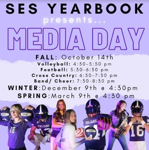 SES Yearbook presents...MEDIA DAY!
Fall Media Day is Saturday, October 14th starting at 4:30pm.  The sign up sheet went out today from Mrs. Miller to the student's email.  Please check your student email and get signed up.  There will be NO Makeup days!!