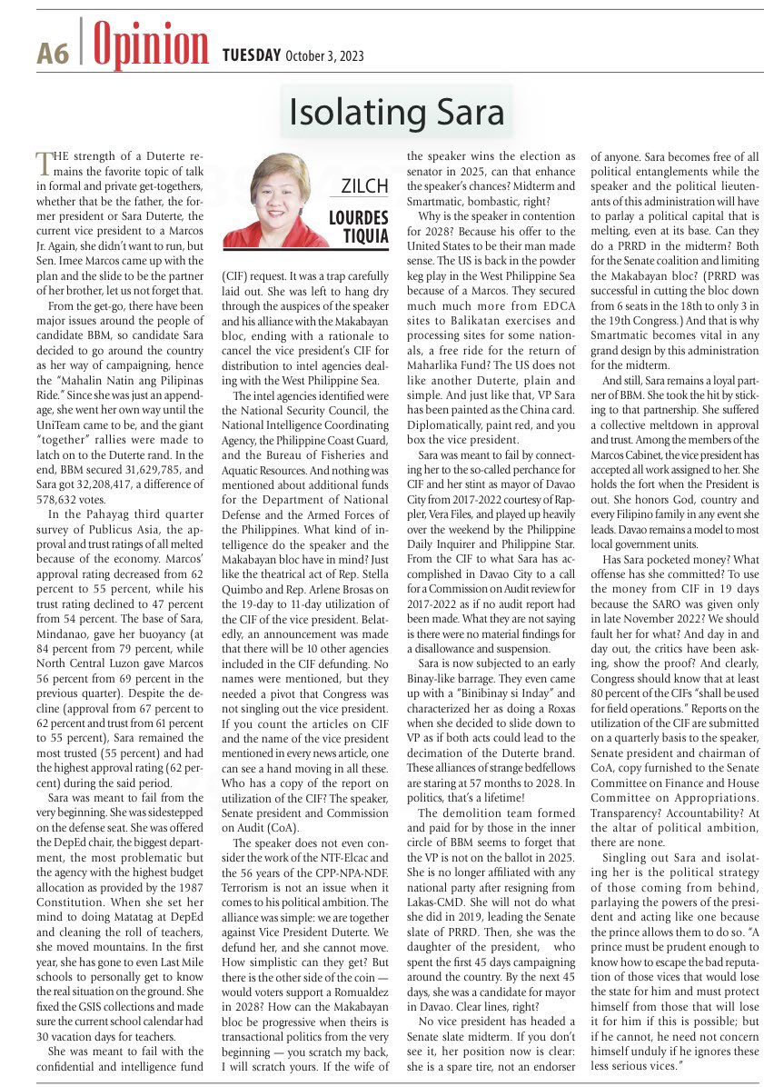 My column today at #TheManilaTimes: “Has Sara pocketed money? What offense has she committed? To use the money from CIF in 19 days because the SARO was given only in late November 2022? We should fault her for what? And day in and day out, the critics have been asking, show the