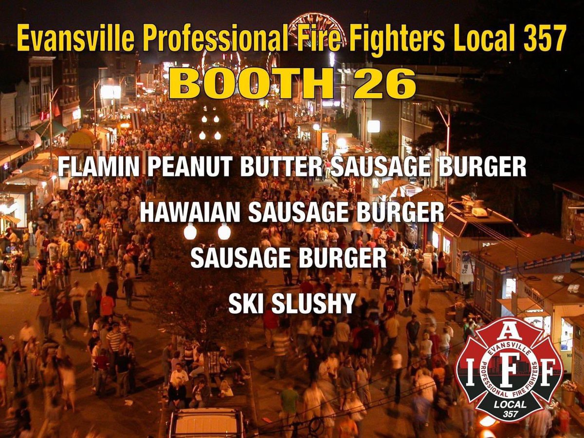 Professional Fire Fighters Union of Indiana (@pffui) on Twitter photo Are you attending the West Side Nut Club #FallFestival in #Evansville this week? Stop by Booth 26 and support <a href="/IAFFlocal357/">IAFF Local 357</a> by purchasing a Flamin’ Peanut Butter Sausage Burger and a Ski Slushy. The Fall Festival runs through Oct. 10 from 10:00 a.m. to 10:00 p.m. CT. Are you attending the West Side Nut Club #FallFestival in #Evansville this week? Stop by Booth 26 and support <a href="/IAFFlocal357/">IAFF Local 357</a> by purchasing a Flamin’ Peanut Butter Sausage Burger and a Ski Slushy. The Fall Festival runs through Oct. 10 from 10:00 a.m. to 10:00 p.m. CT.